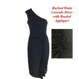 Black One Shoulder Dress Beaded Accent Stretch 10